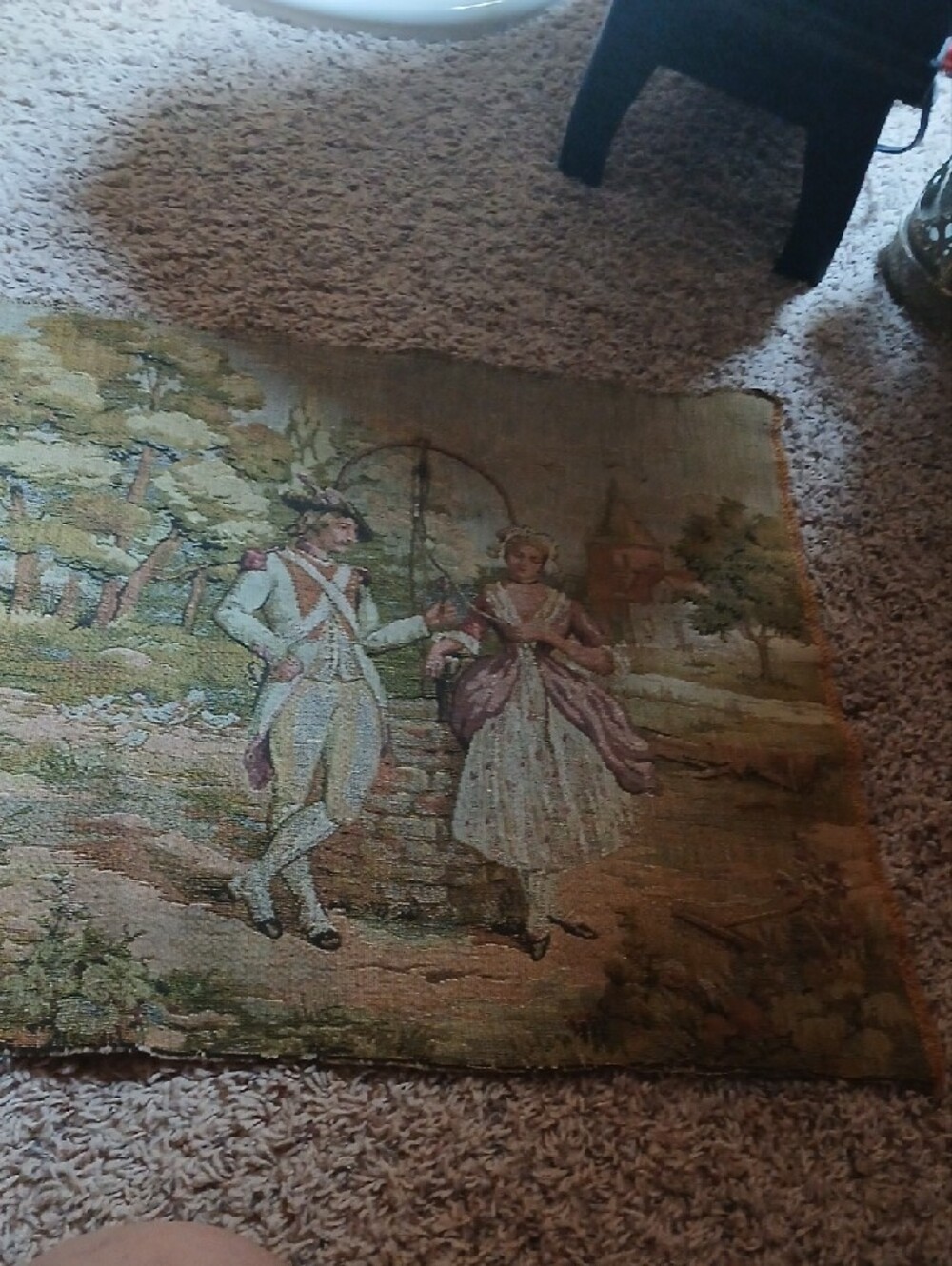 Vintage Tapestry Panel with Pastoral Couple in Soft Greens and Pinks - Picture 7 of 11